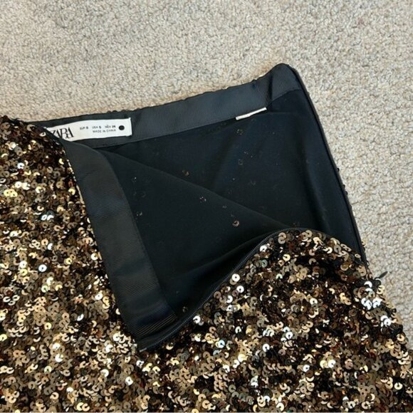 Zara Gold sequin metallic miniskirt stretchy Sz S lined side zip closure sparkly - Picture 7 of 12